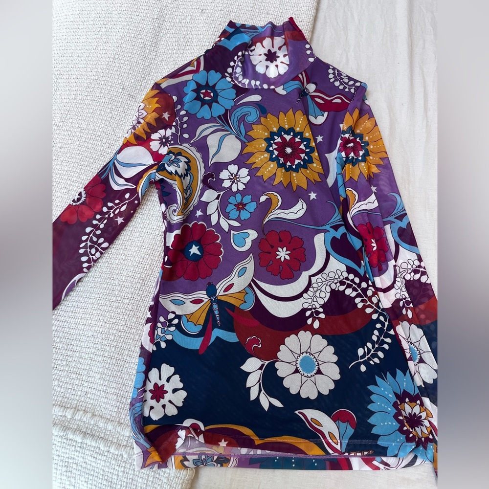 Jade Floral Mesh Mock Neck Top - Purple, Red, Yellow, Blue